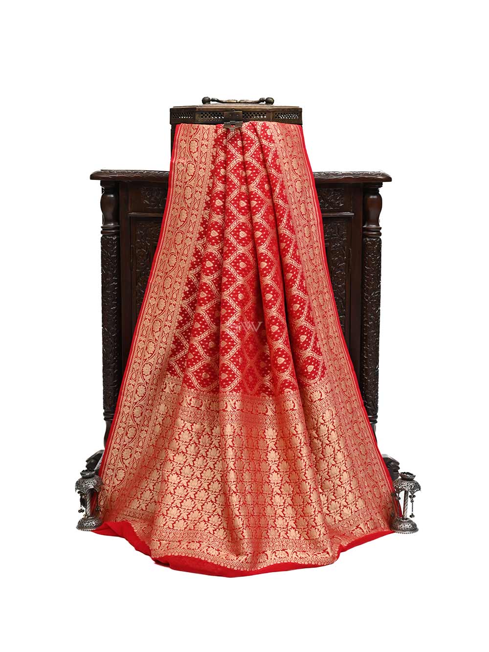 Red Jaal Khaddi Georgette Handloom Banarasi Saree - Sacred Weaves