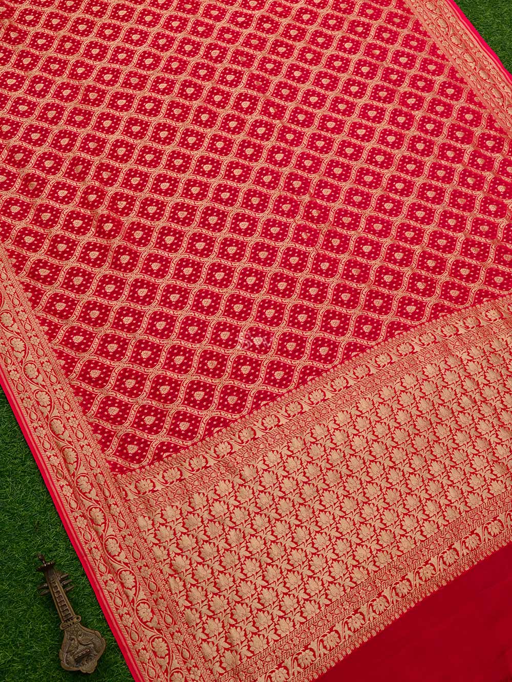 Red Jaal Khaddi Georgette Handloom Banarasi Saree - Sacred Weaves