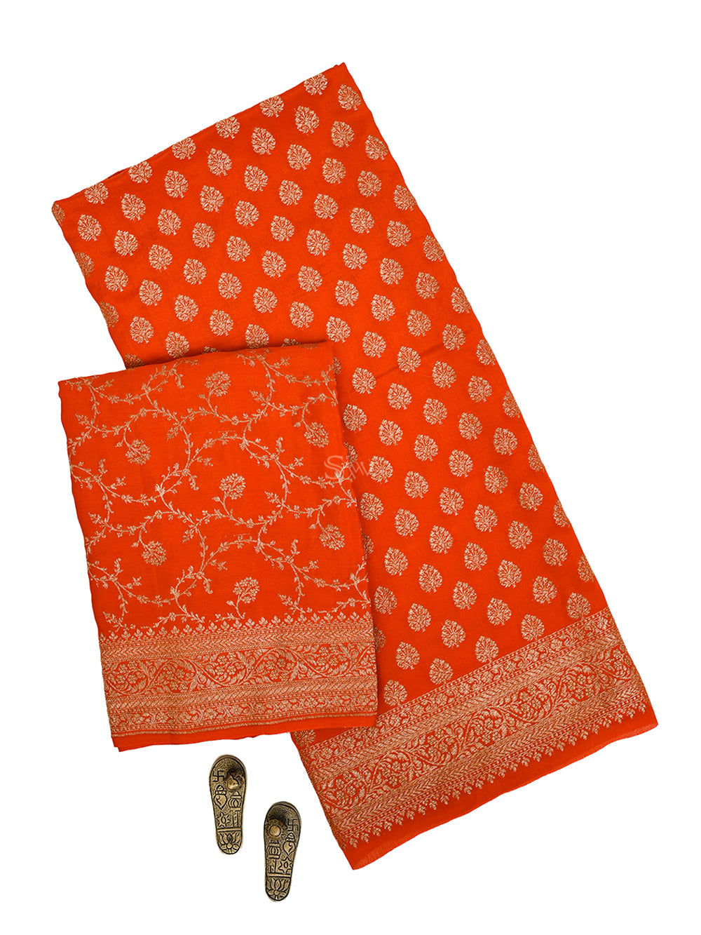 Dark Orange Booti Crepe Silk Handloom Banarasi Suit - Sacred Weaves