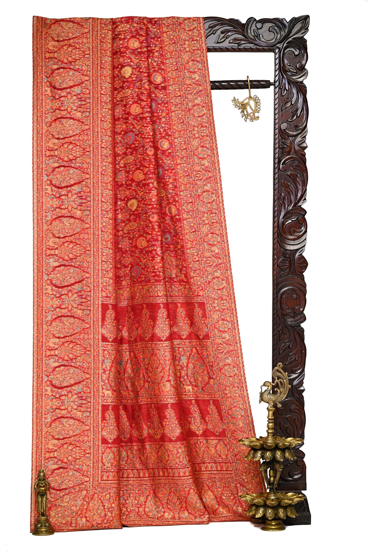 Red Jaal Pashmina Moonga Silk Handloom Banarasi Saree