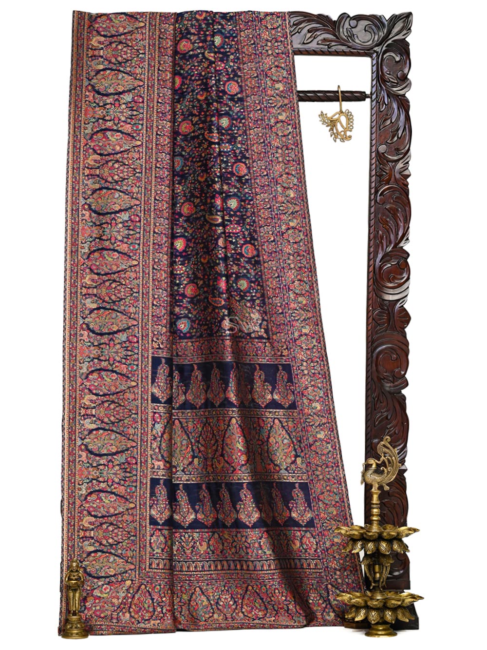 Navy Blue Jaal Pashmina Moonga Silk Handloom Banarasi Saree