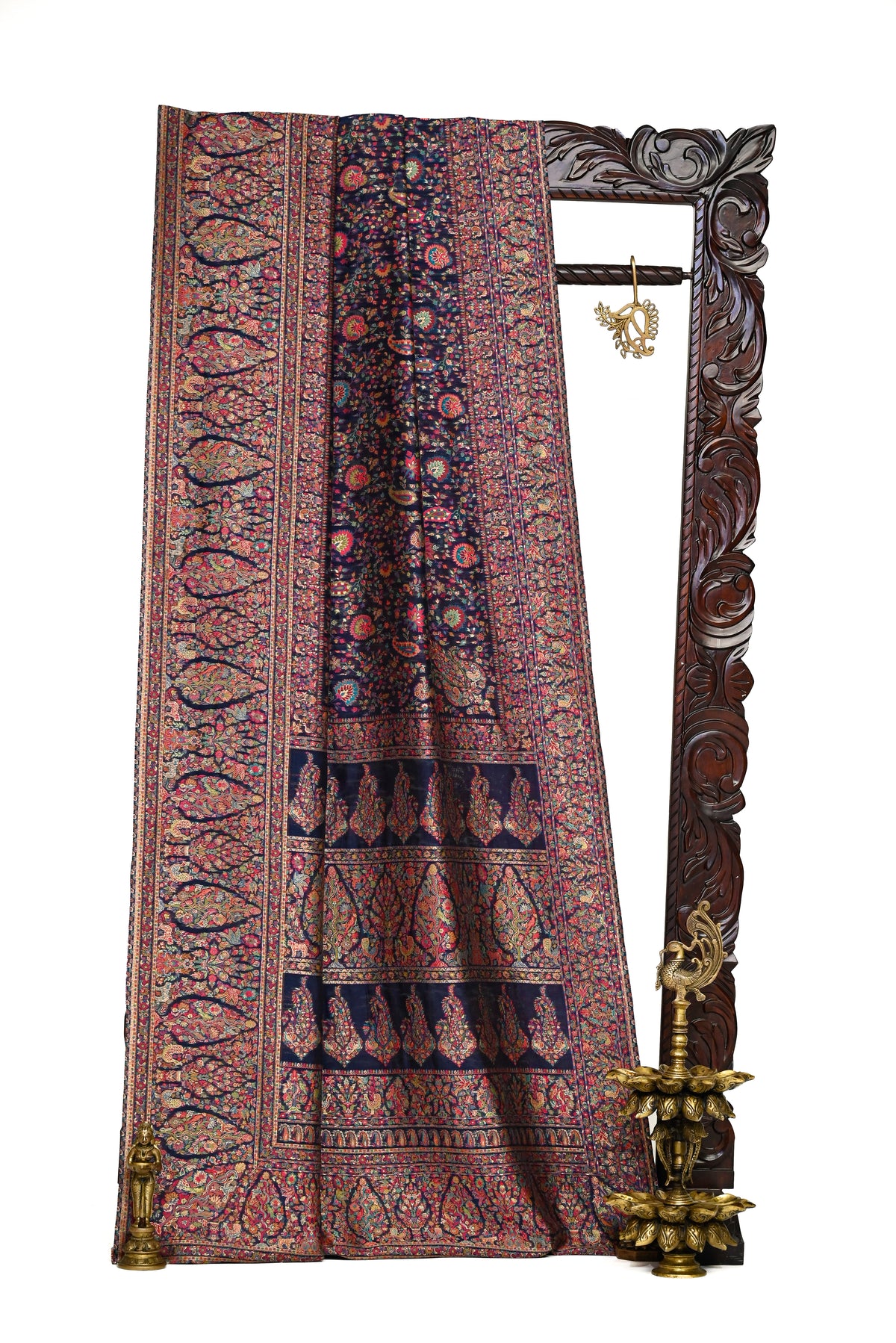 Navy Blue Jaal Pashmina Moonga Silk Handloom Banarasi Saree