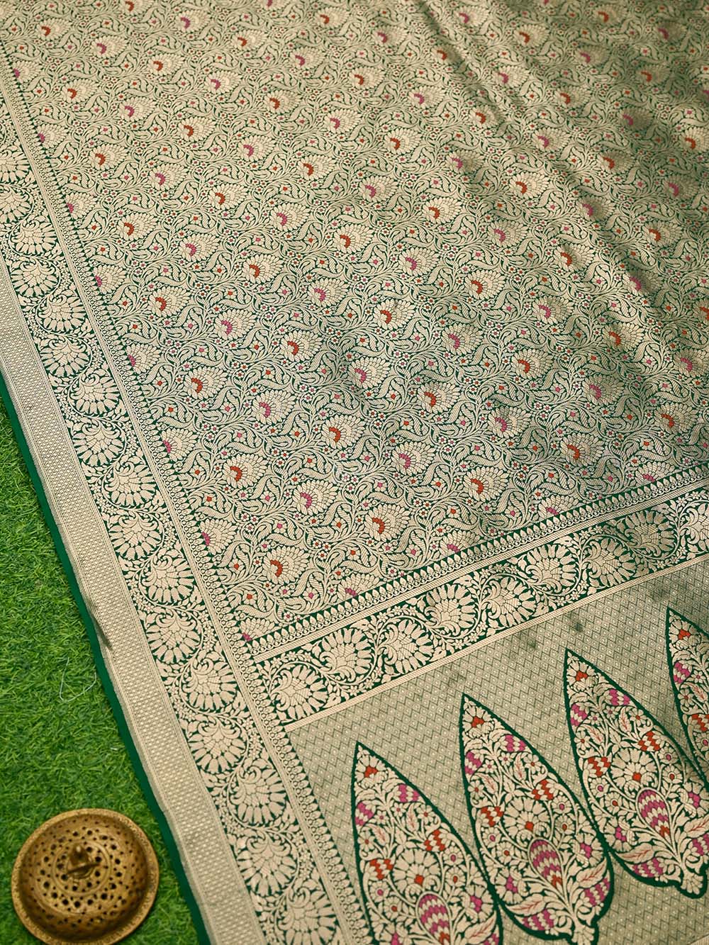 Bottle Green Meenakari Silk Brocade Handloom Banarasi Saree - Sacred Weaves