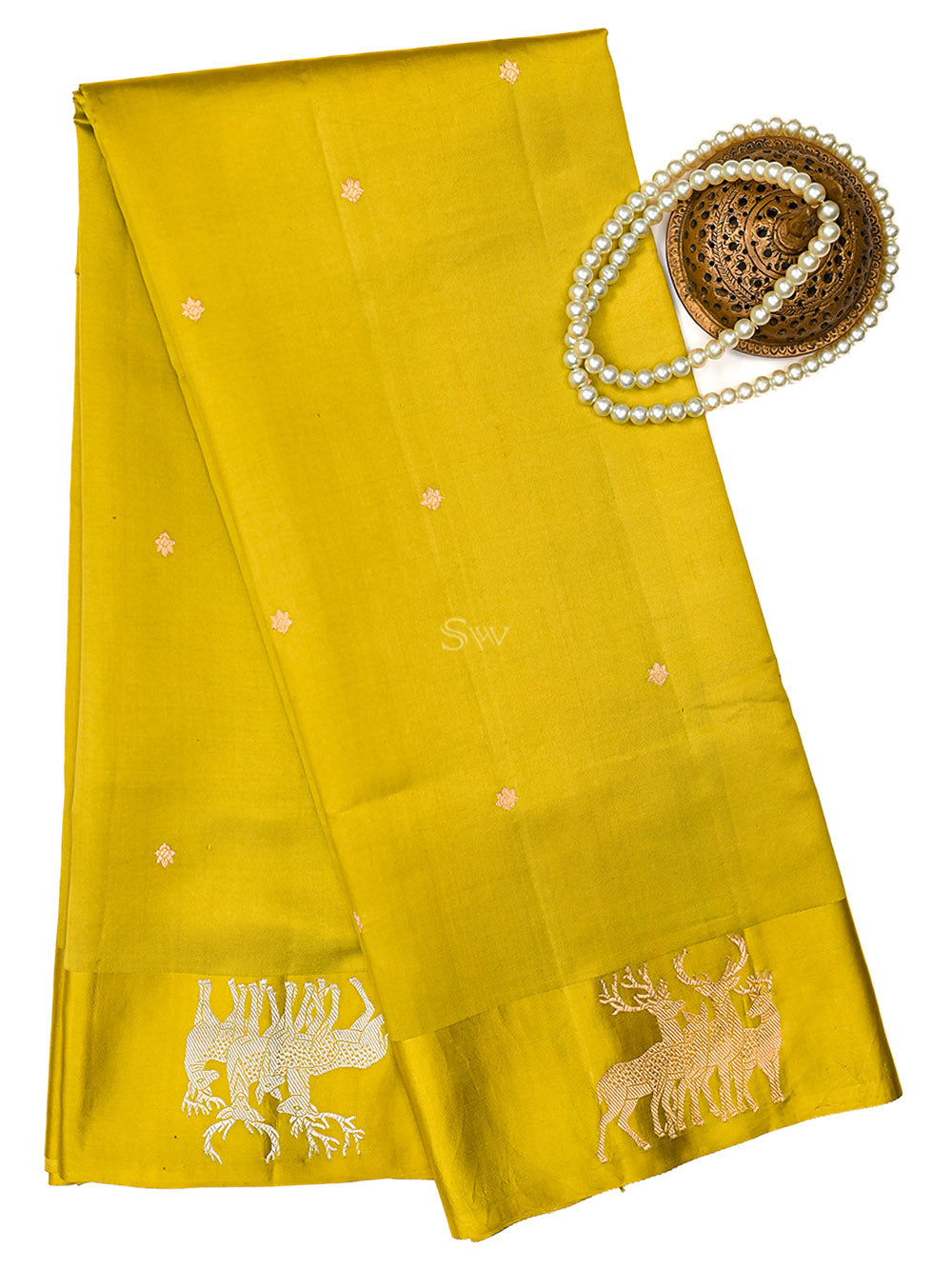 Lime Green Booti Katan Silk Handloom Banarasi Saree