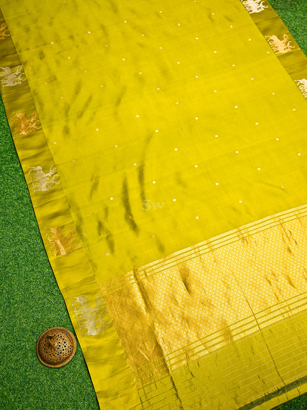 Lime Green Booti Katan Silk Handloom Banarasi Saree