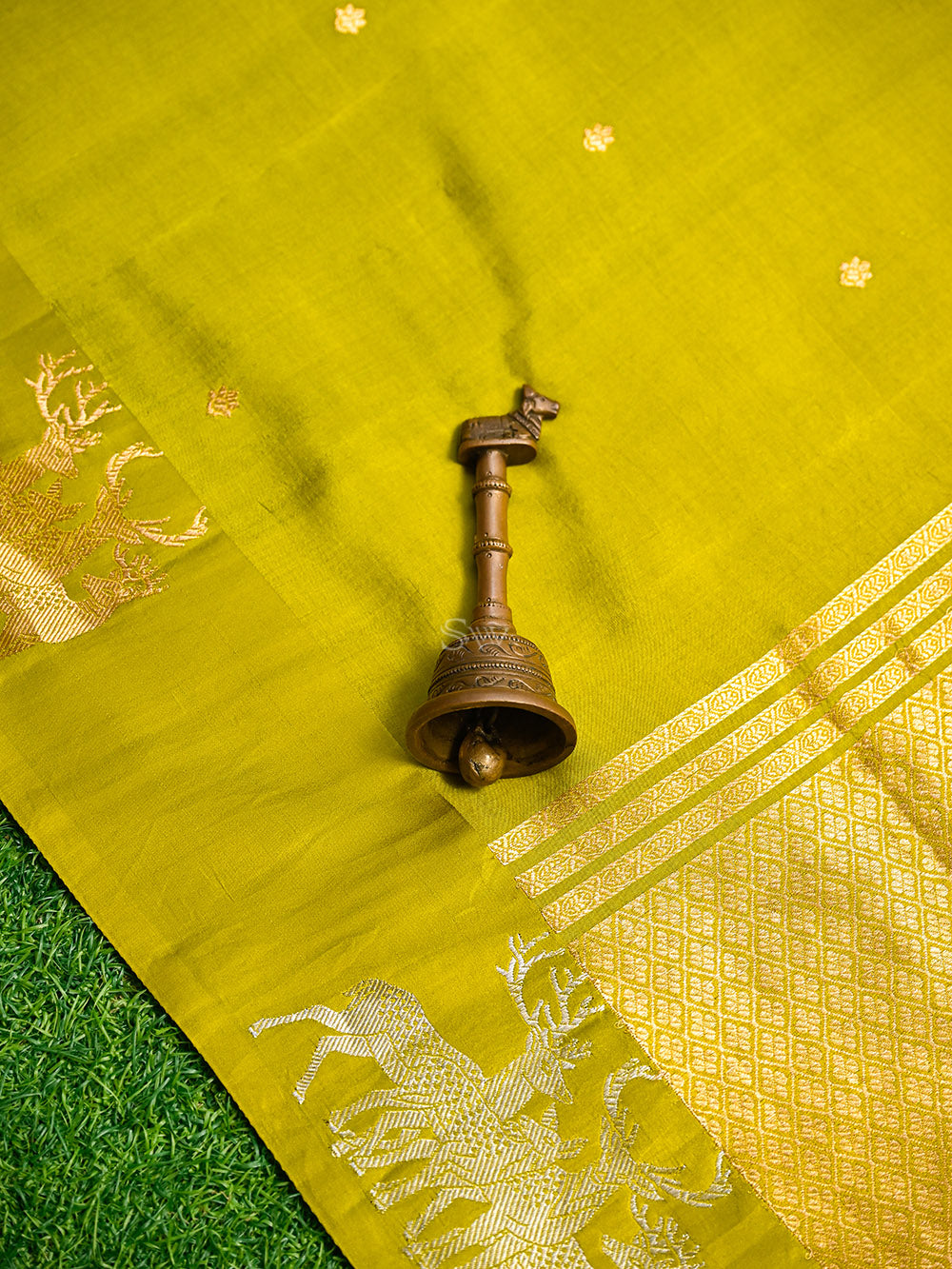 Lime Green Booti Katan Silk Handloom Banarasi Saree