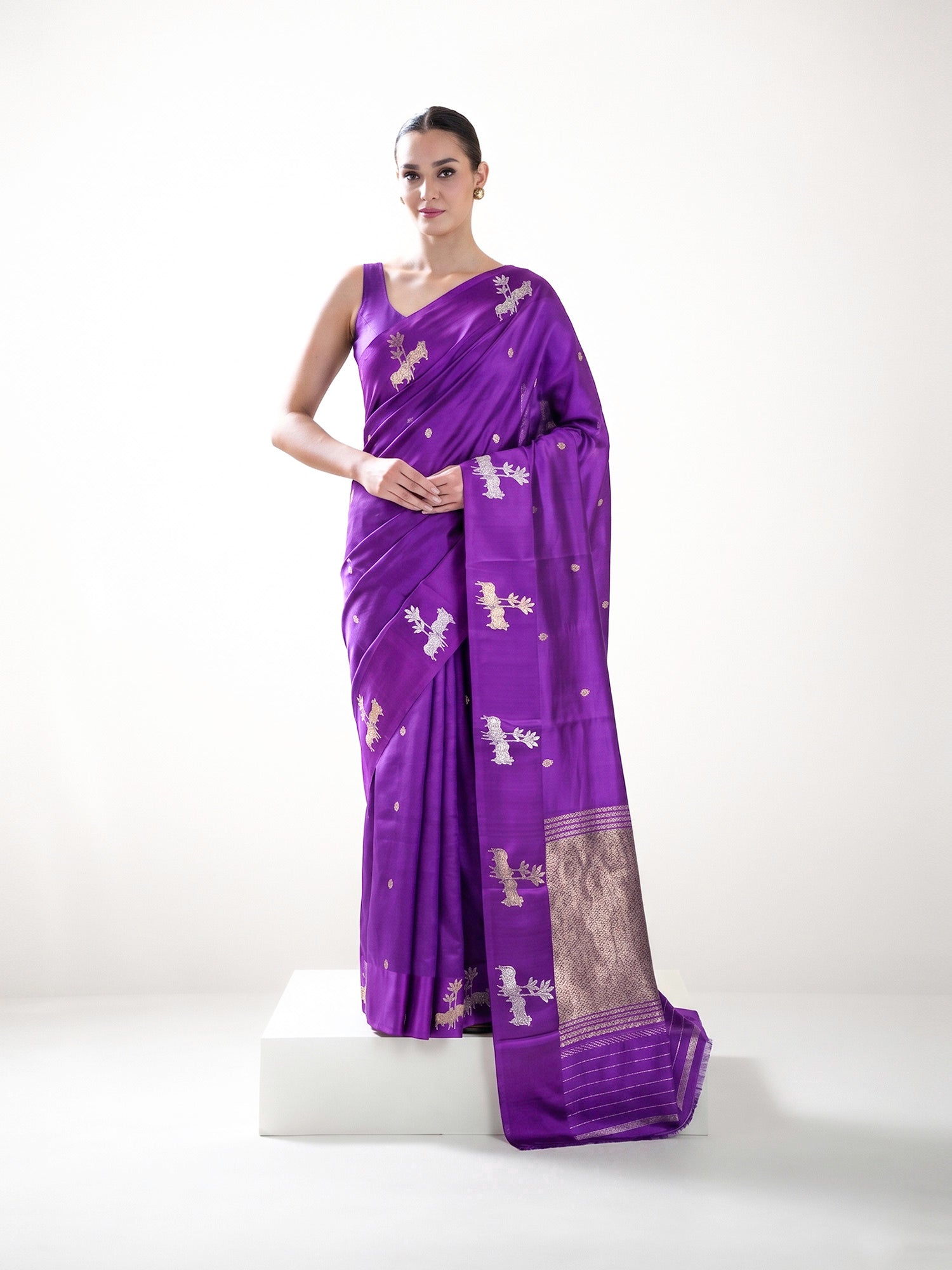 Purple Booti Katan Silk Handloom Banarasi Saree - Sacred Weaves