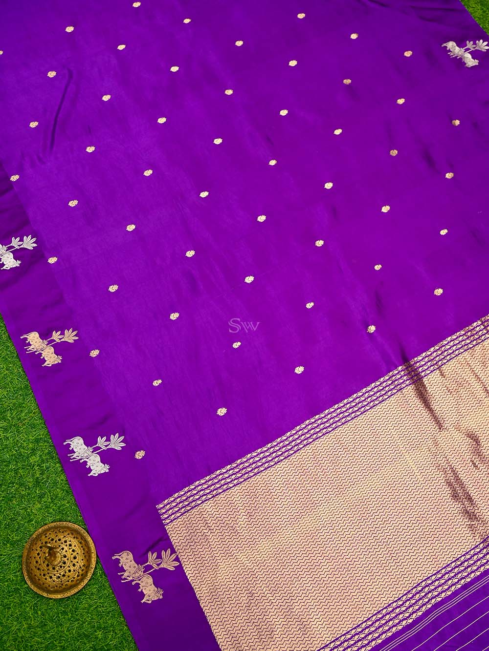 Purple Booti Katan Silk Handloom Banarasi Saree - Sacred Weaves