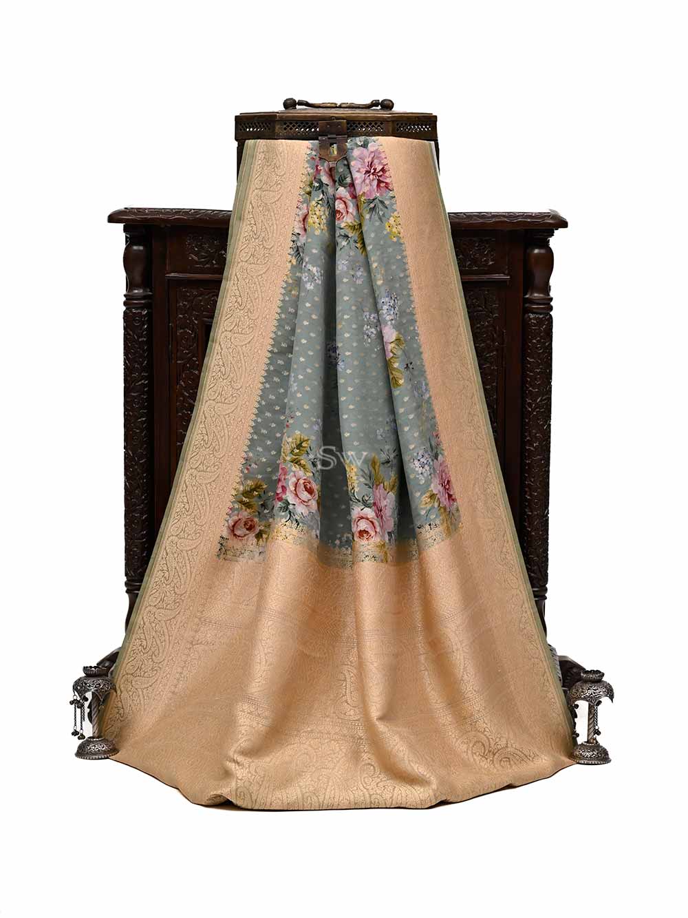 Mint Blue Booti Crepe Printed Banarasi Saree - Sacred Weaves