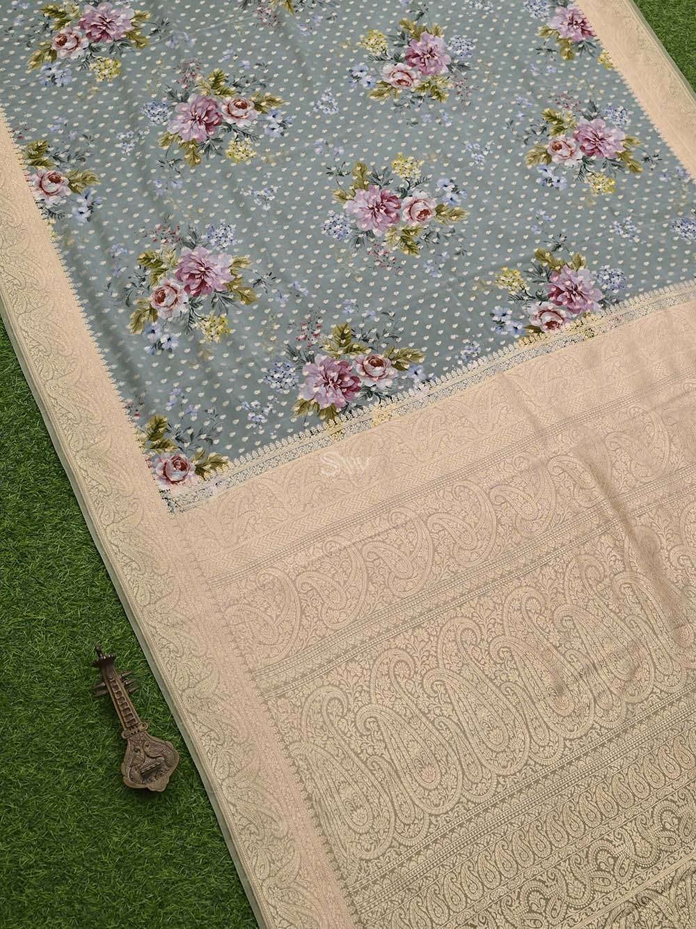Mint Blue Booti Crepe Printed Banarasi Saree - Sacred Weaves