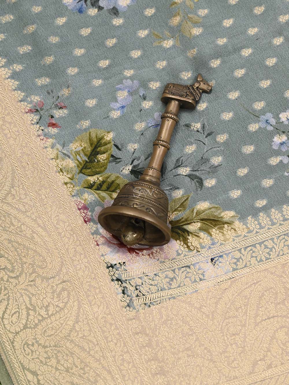 Mint Blue Booti Crepe Printed Banarasi Saree - Sacred Weaves