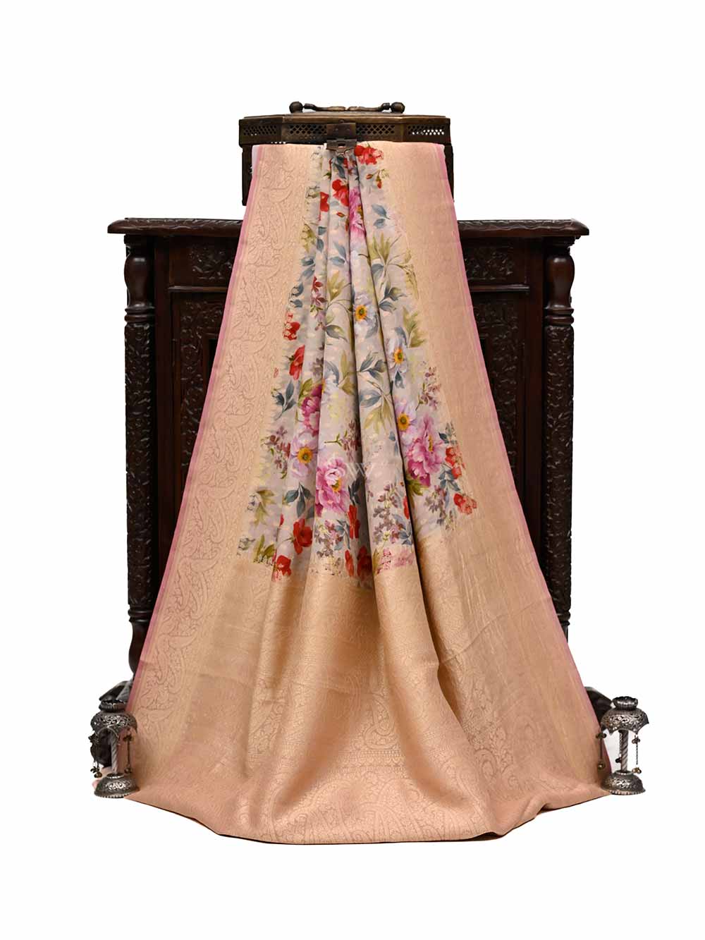 Cream Booti Crepe Printed Banarasi Saree - Sacred Weaves