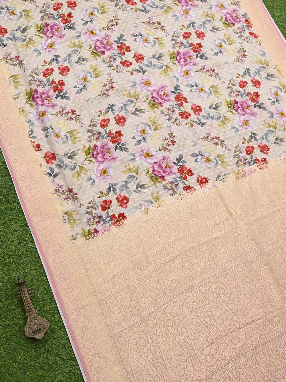 Cream Booti Crepe Printed Banarasi Saree - Sacred Weaves