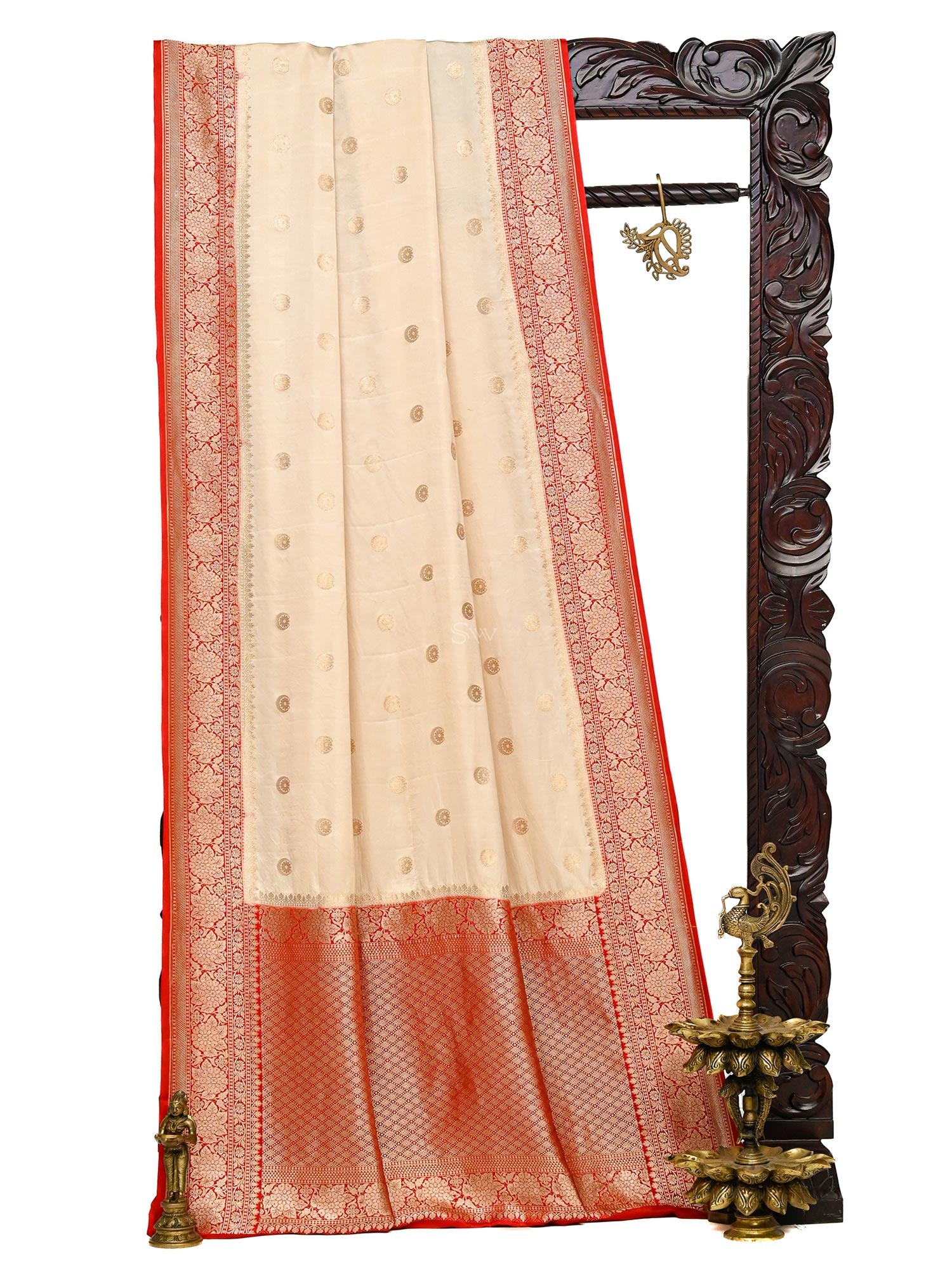 Beige Booti Satin Silk Handloom Banarasi Saree - Sacred Weaves