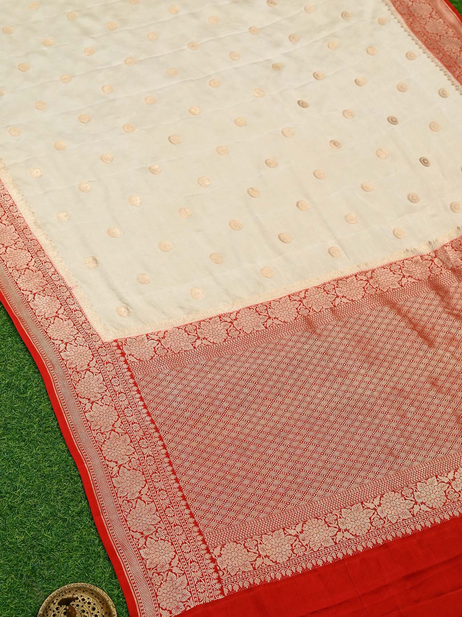 Beige Booti Satin Silk Handloom Banarasi Saree - Sacred Weaves