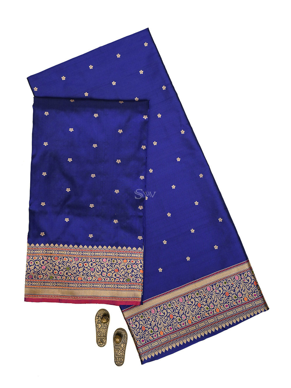 Navy Blue Booti Katan Silk Handloom Banarasi Suit - Sacred Weaves