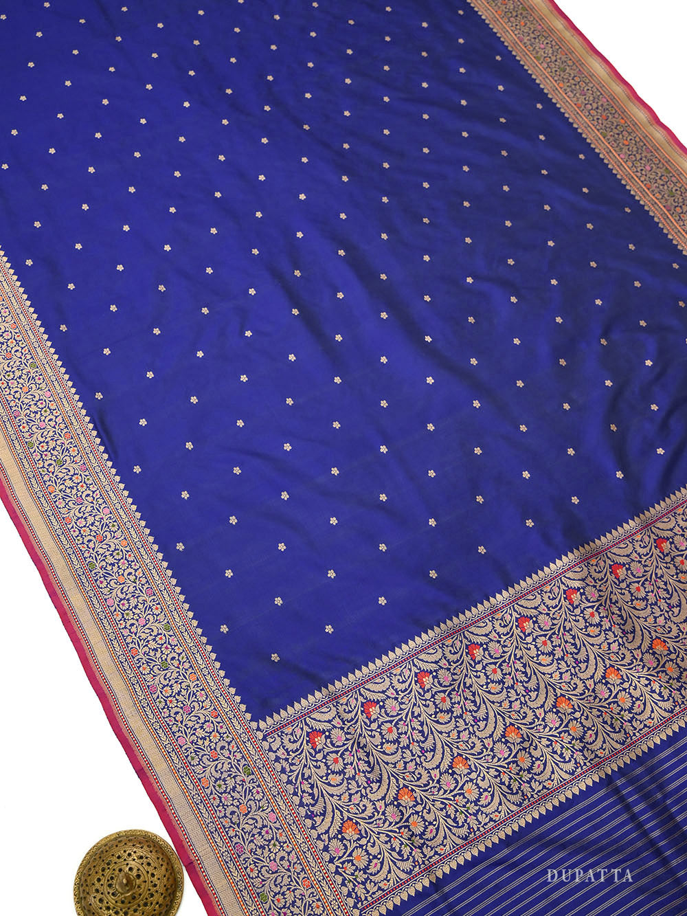 Navy Blue Booti Katan Silk Handloom Banarasi Suit - Sacred Weaves