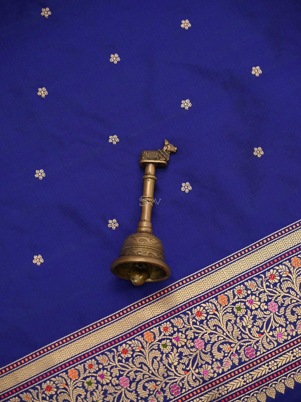 Navy Blue Booti Katan Silk Handloom Banarasi Suit - Sacred Weaves