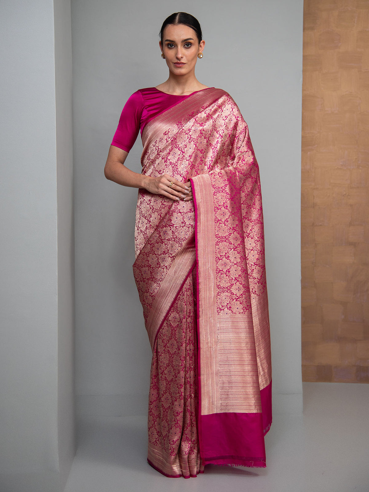 Dark Pink Meenakari Silk Brocade Handloom Banarasi Saree