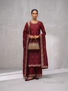 Wine Meenakari Booti Katan Silk Handloom Banarasi Suit - Sacred Weaves