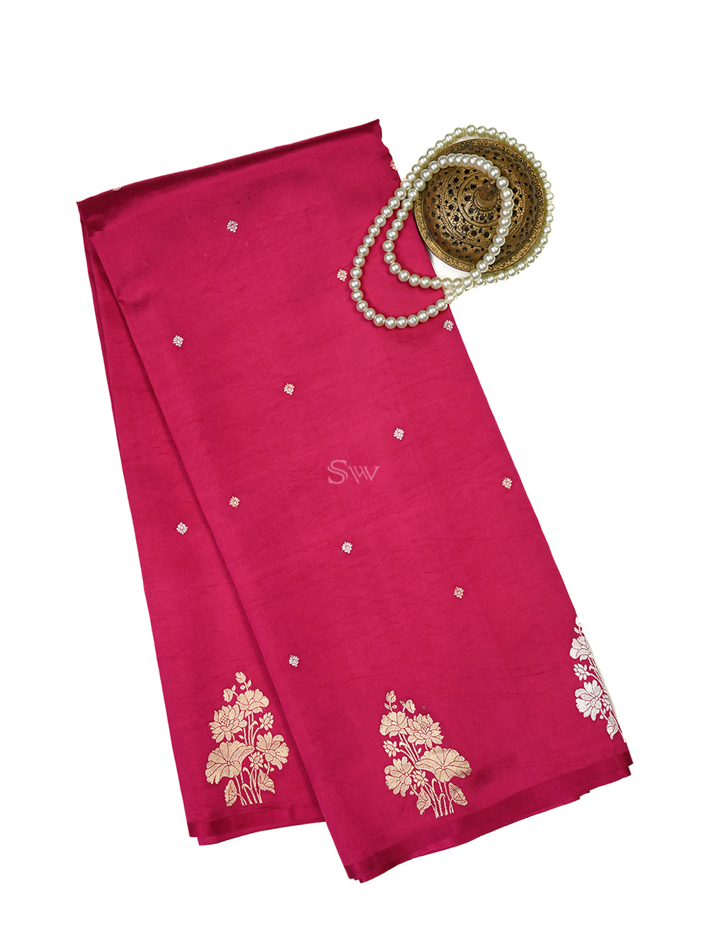 Dark Pink Booti Katan Silk Handloom Banarasi Saree