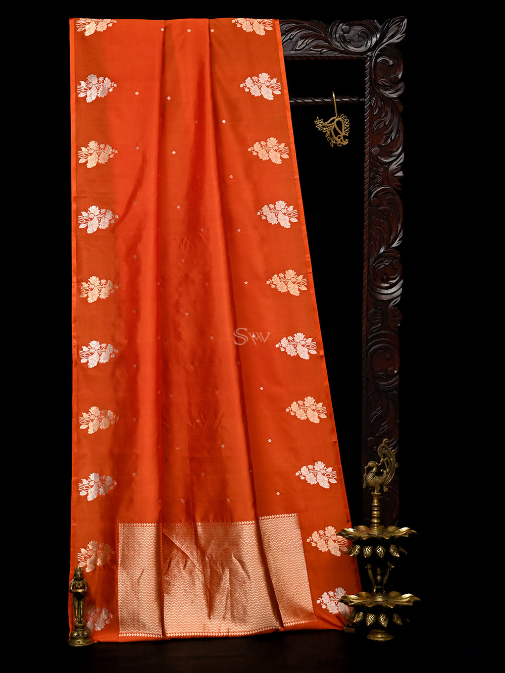 Dark Orange Booti Katan Silk Handloom Banarasi Saree