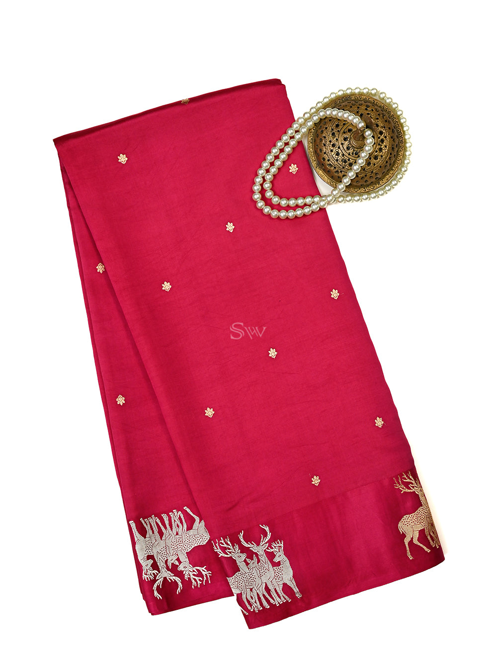 Dark Pink Booti Katan Silk Handloom Banarasi Saree