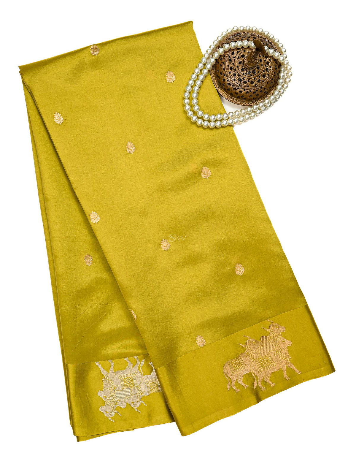 Lime Green Booti Katan Silk Handloom Banarasi Saree