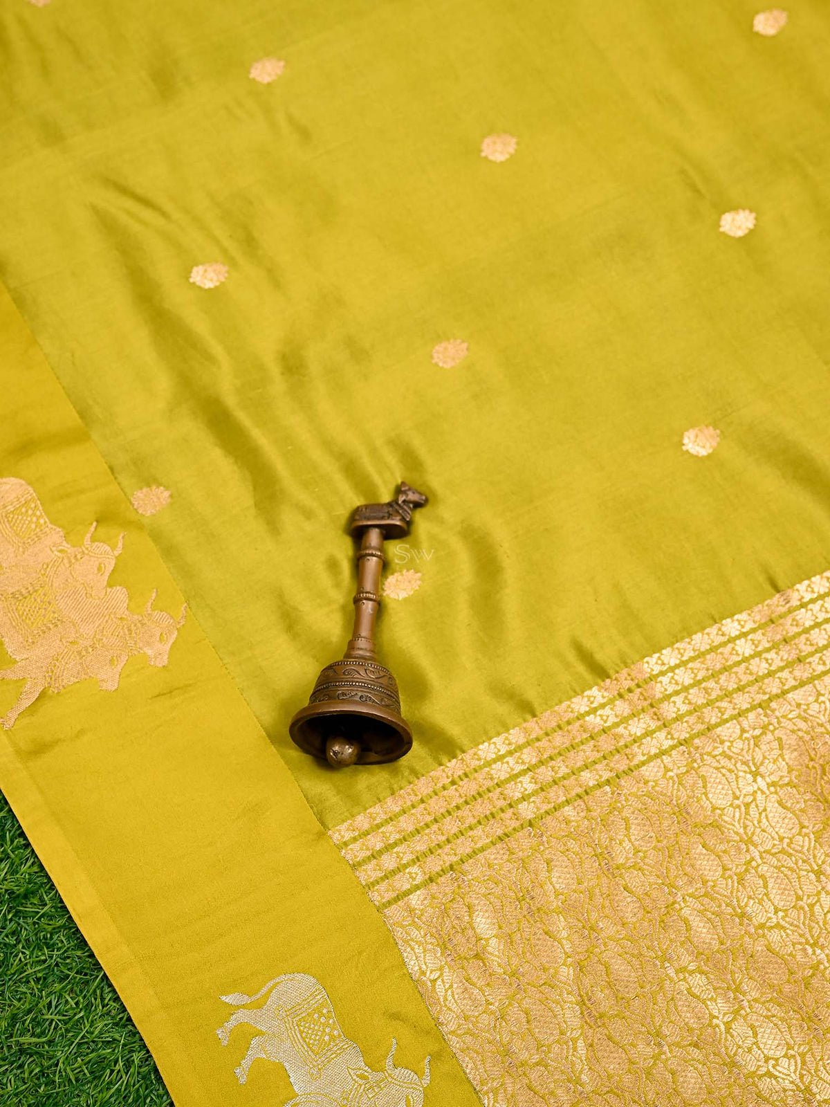 Lime Green Booti Katan Silk Handloom Banarasi Saree