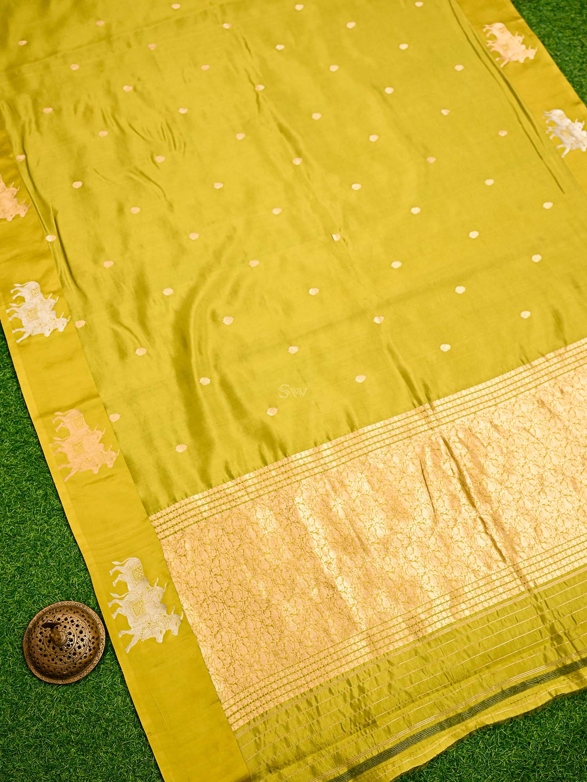 Lime Green Booti Katan Silk Handloom Banarasi Saree