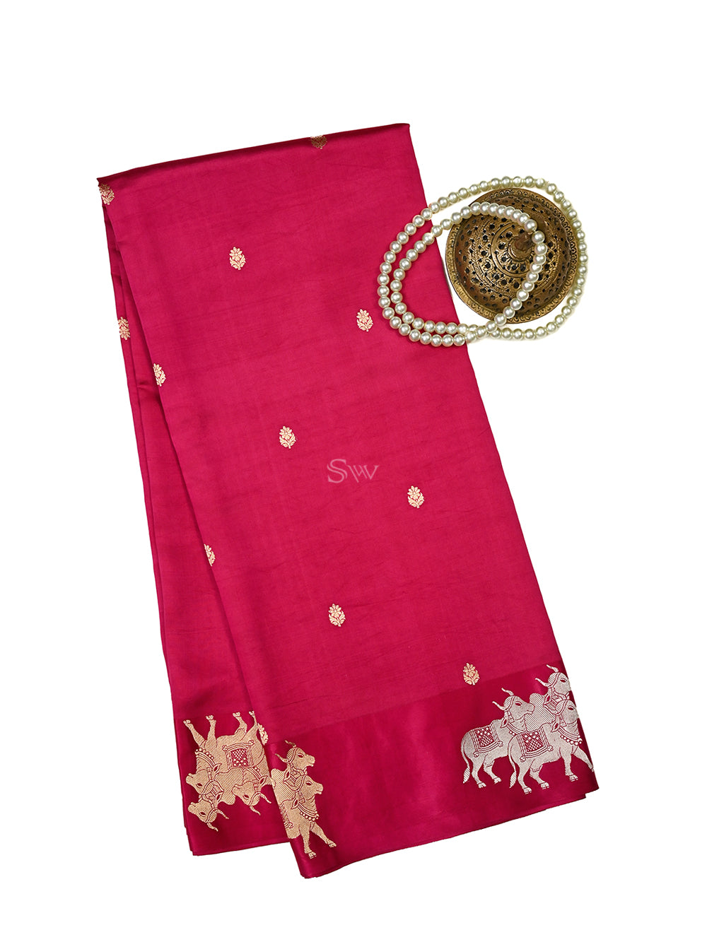 Dark Pink Booti Katan Silk Handloom Banarasi Saree
