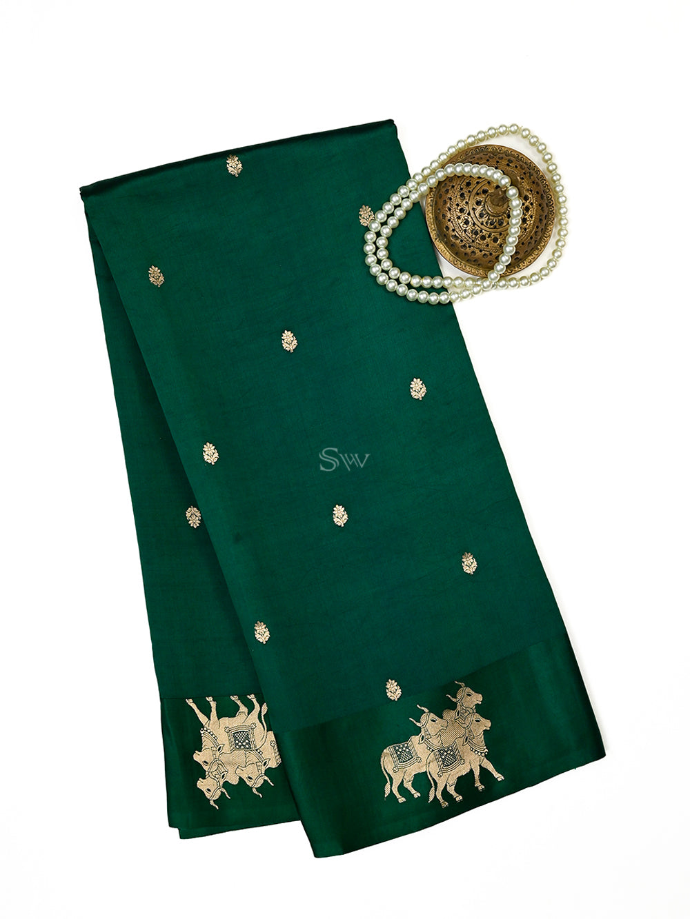 Bottle Green Booti Katan Silk Handloom Banarasi Saree