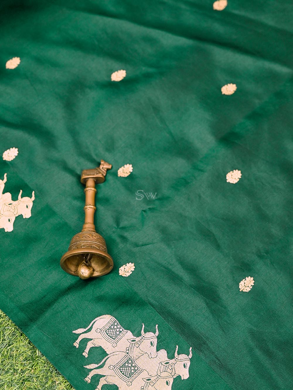 Bottle Green Booti Katan Silk Handloom Banarasi Saree