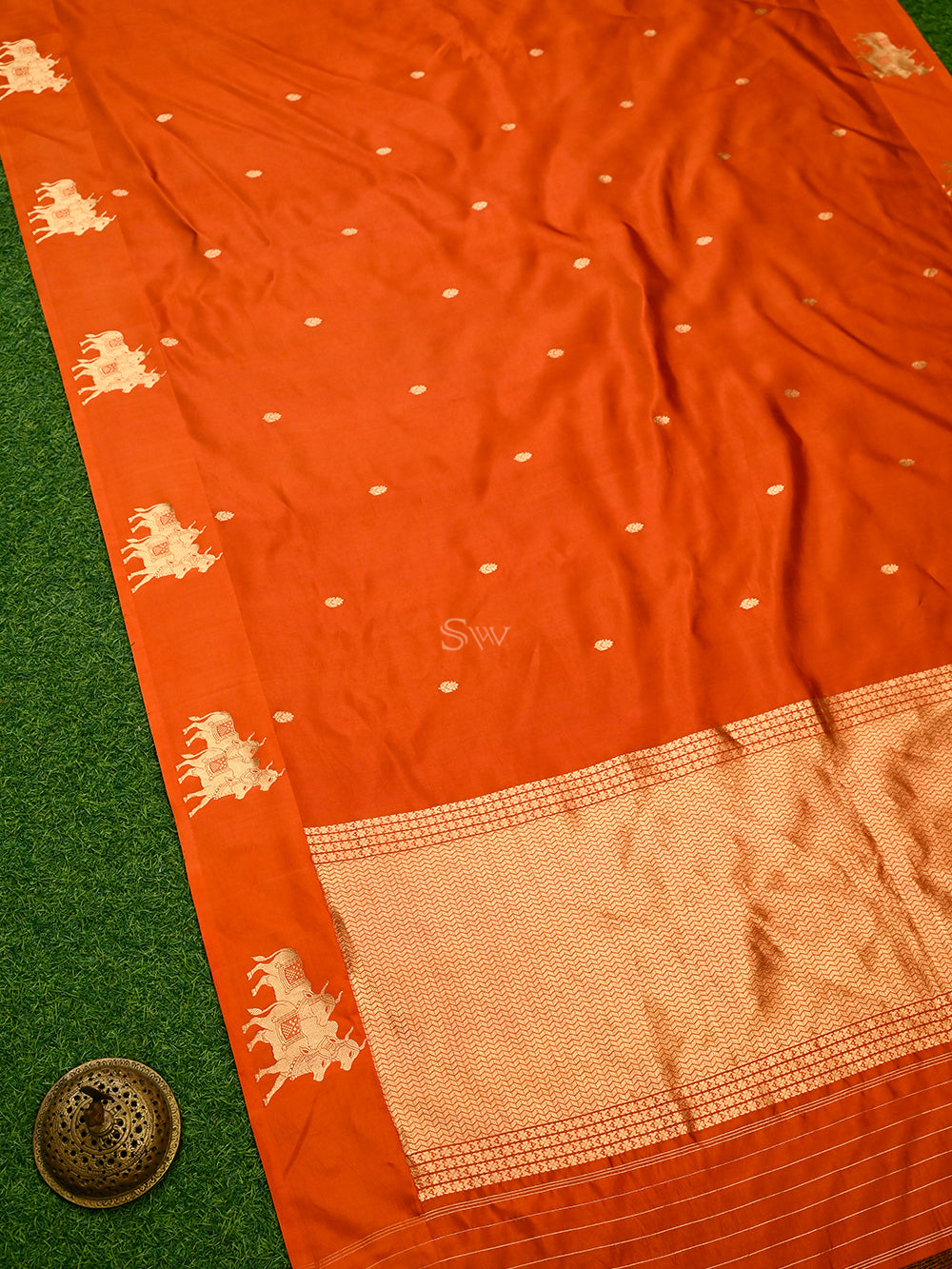 Dark Orange Booti Katan Silk Handloom Banarasi Saree