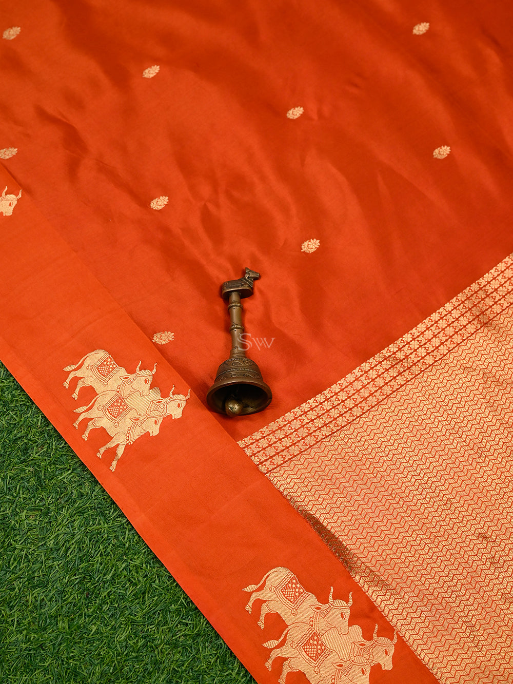 Dark Orange Booti Katan Silk Handloom Banarasi Saree