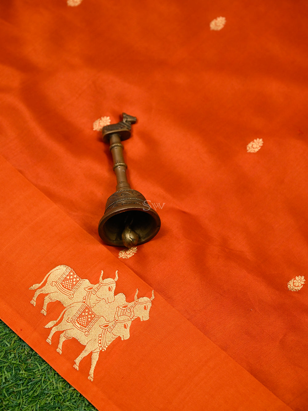 Dark Orange Booti Katan Silk Handloom Banarasi Saree