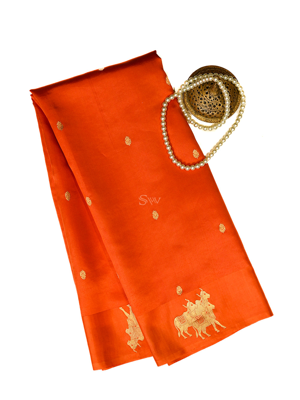 Dark Orange Booti Katan Silk Handloom Banarasi Saree