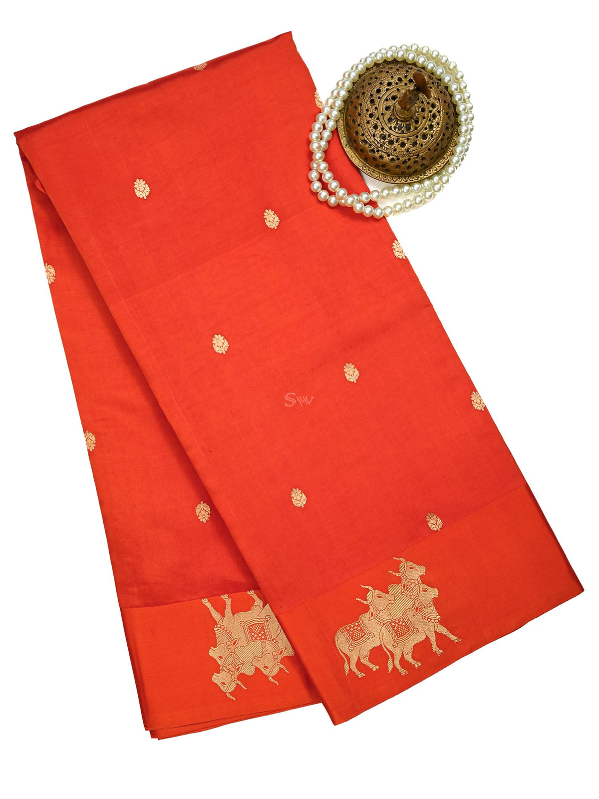 Dark Orange Booti Katan Silk Handloom Banarasi Saree
