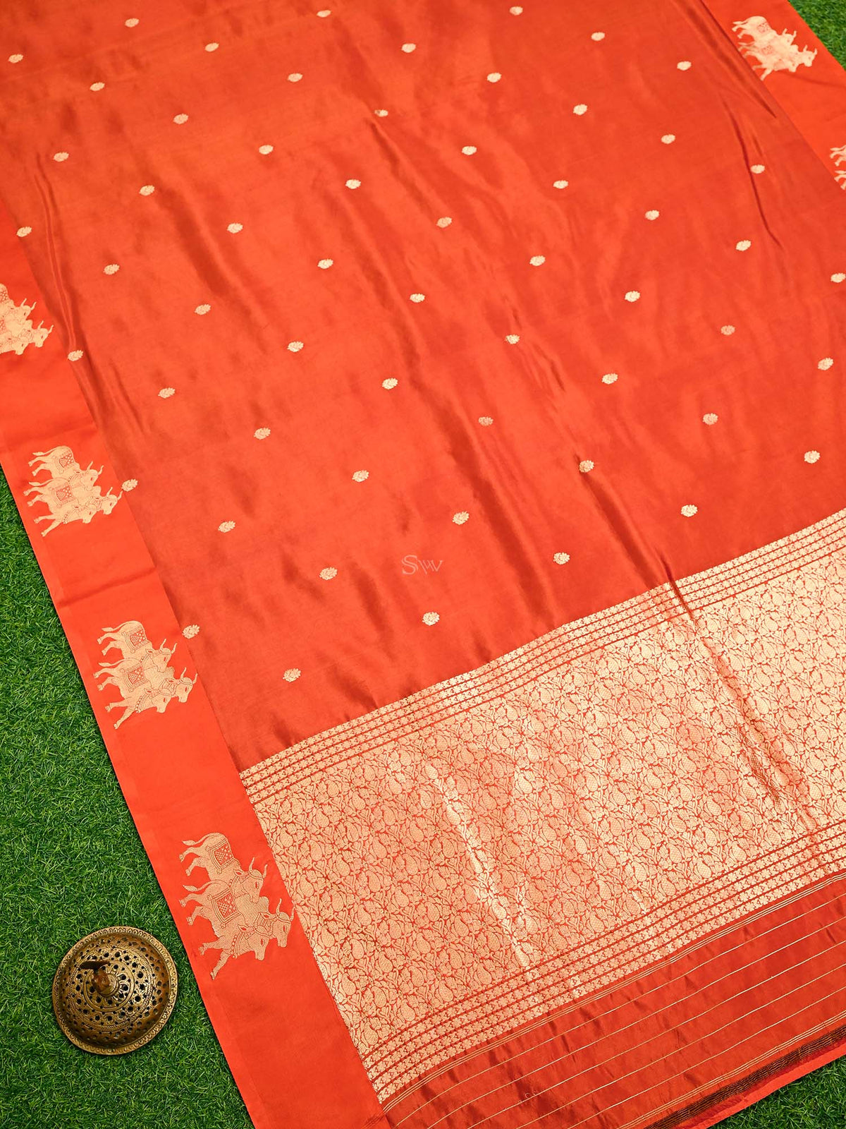 Dark Orange Booti Katan Silk Handloom Banarasi Saree