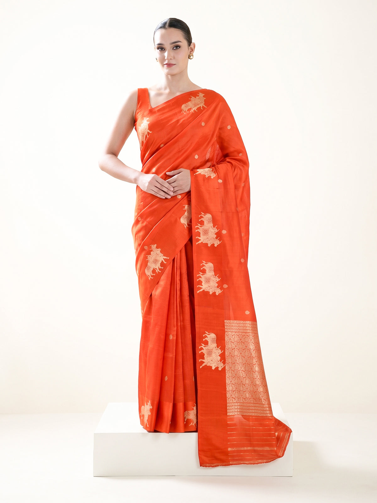Dark Orange Booti Pure Silk Handloom Banarasi Saree