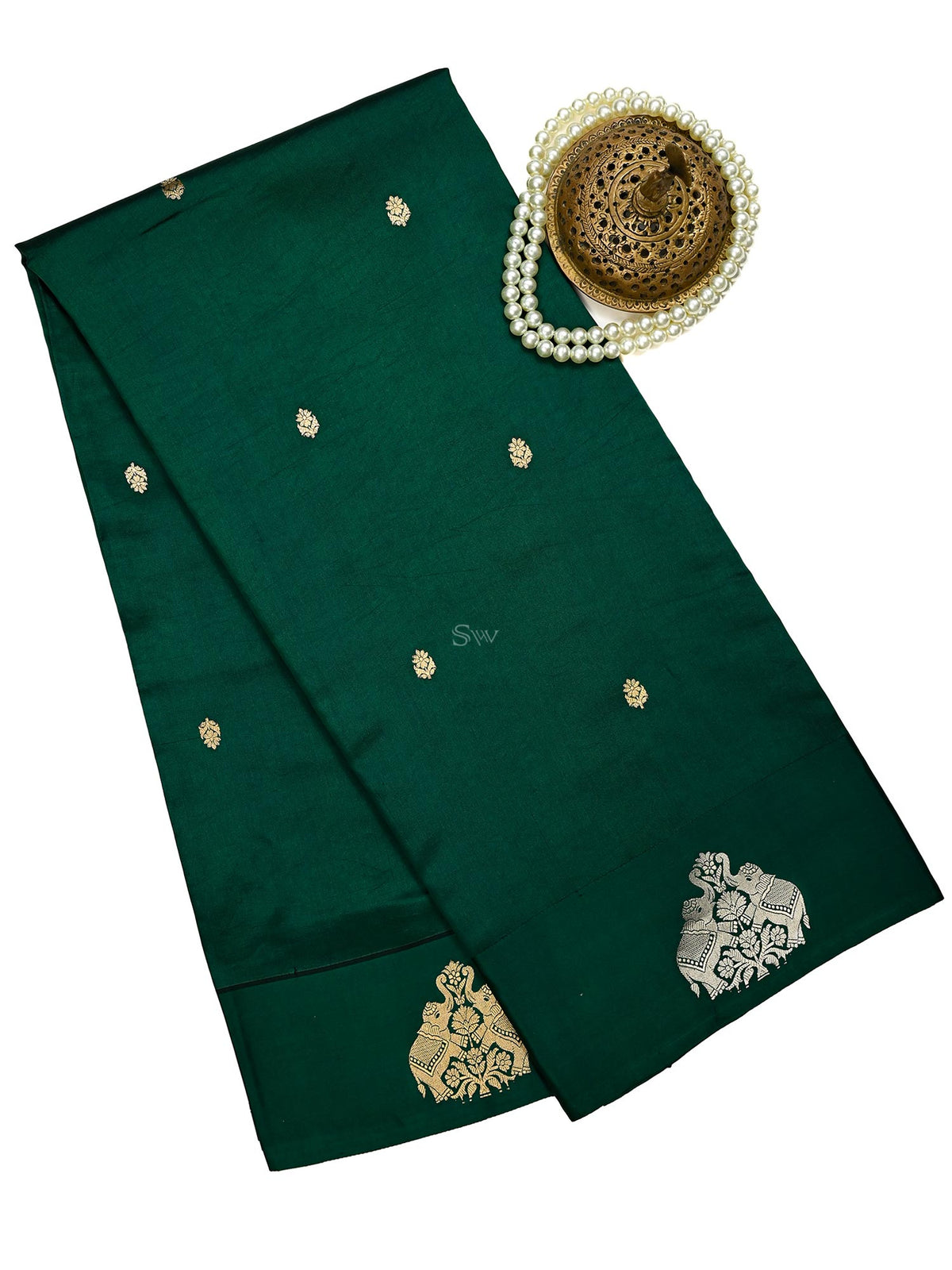 Bottle Green Booti Katan Silk Handloom Banarasi Saree