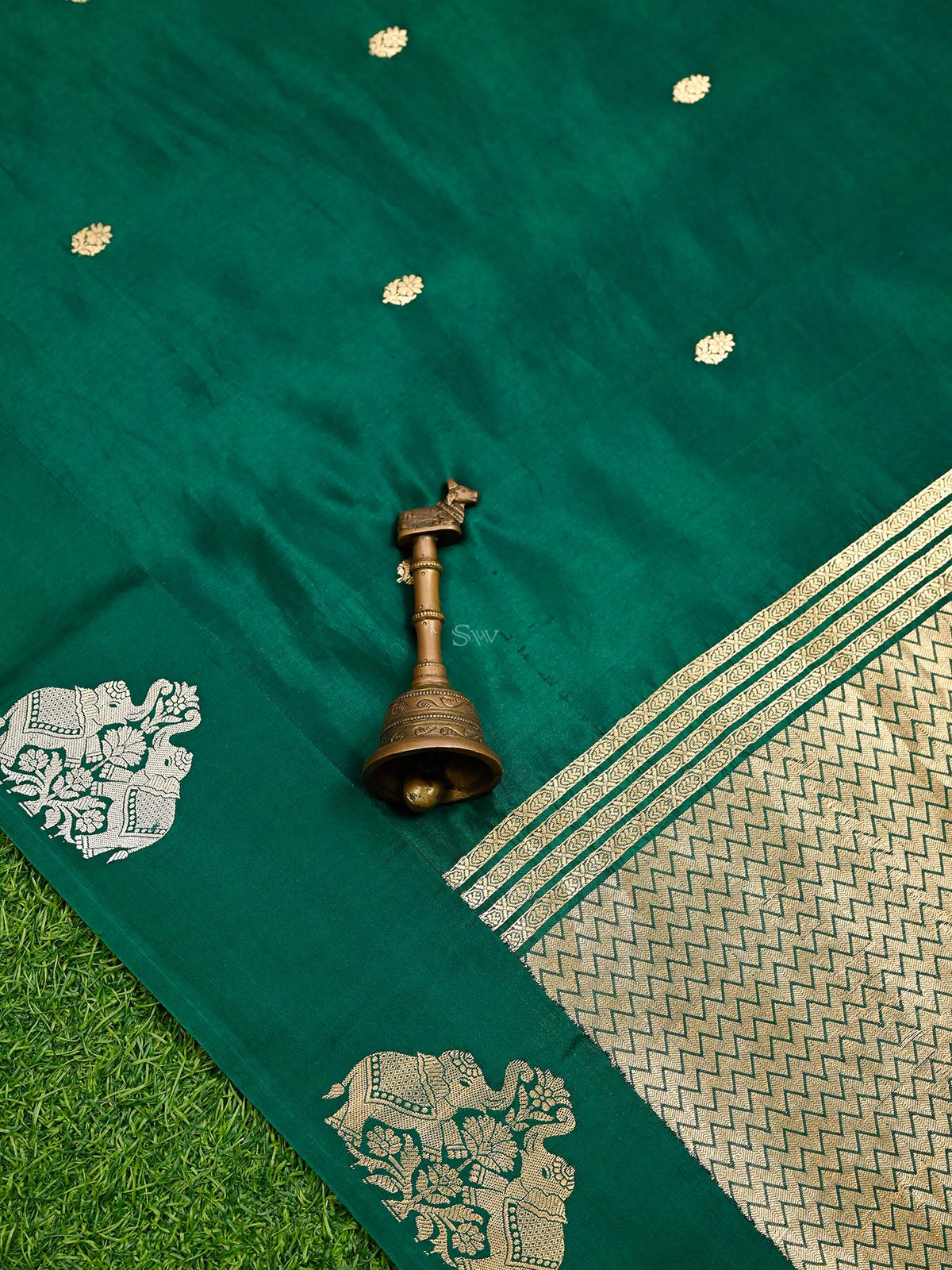 Bottle Green Booti Katan Silk Handloom Banarasi Saree
