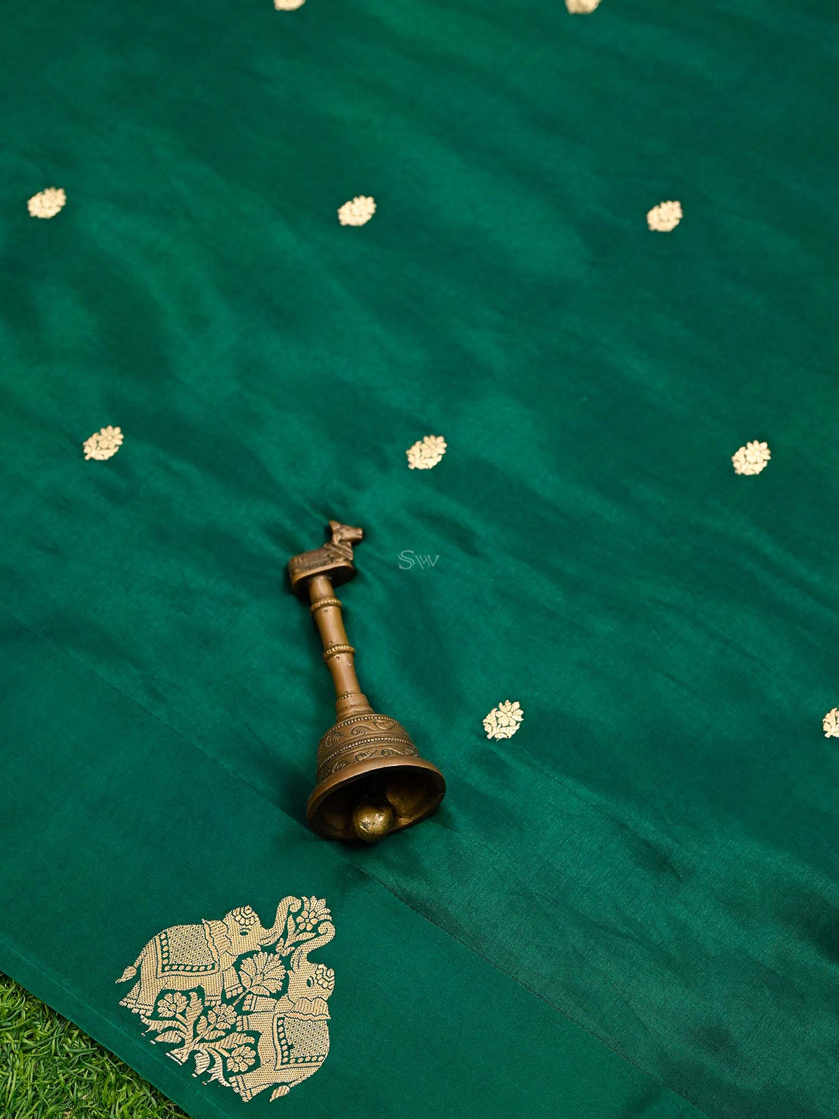 Bottle Green Booti Katan Silk Handloom Banarasi Saree