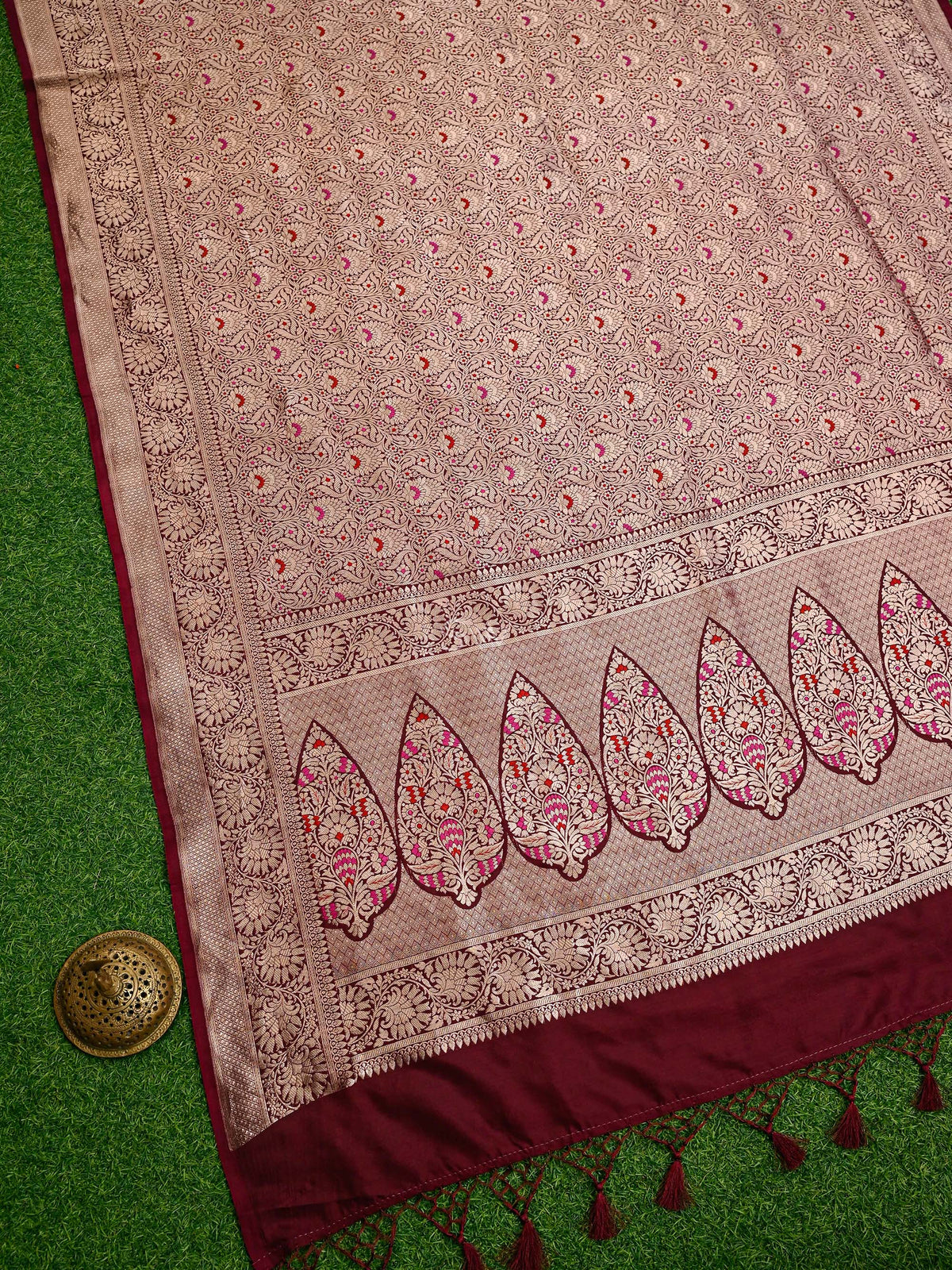 Maroon Meenakari Silk Brocade Handloom Banarasi Saree