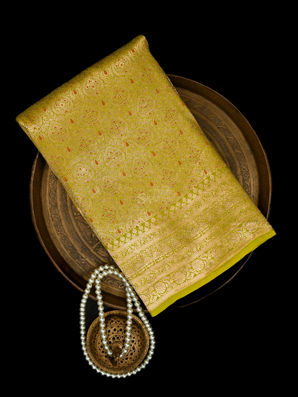 Lime Green Meenakari Silk Brocade Handloom Banarasi Saree - Sacred Weaves