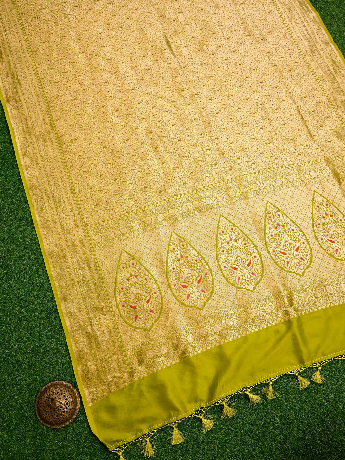 Lime Green Meenakari Silk Brocade Handloom Banarasi Saree