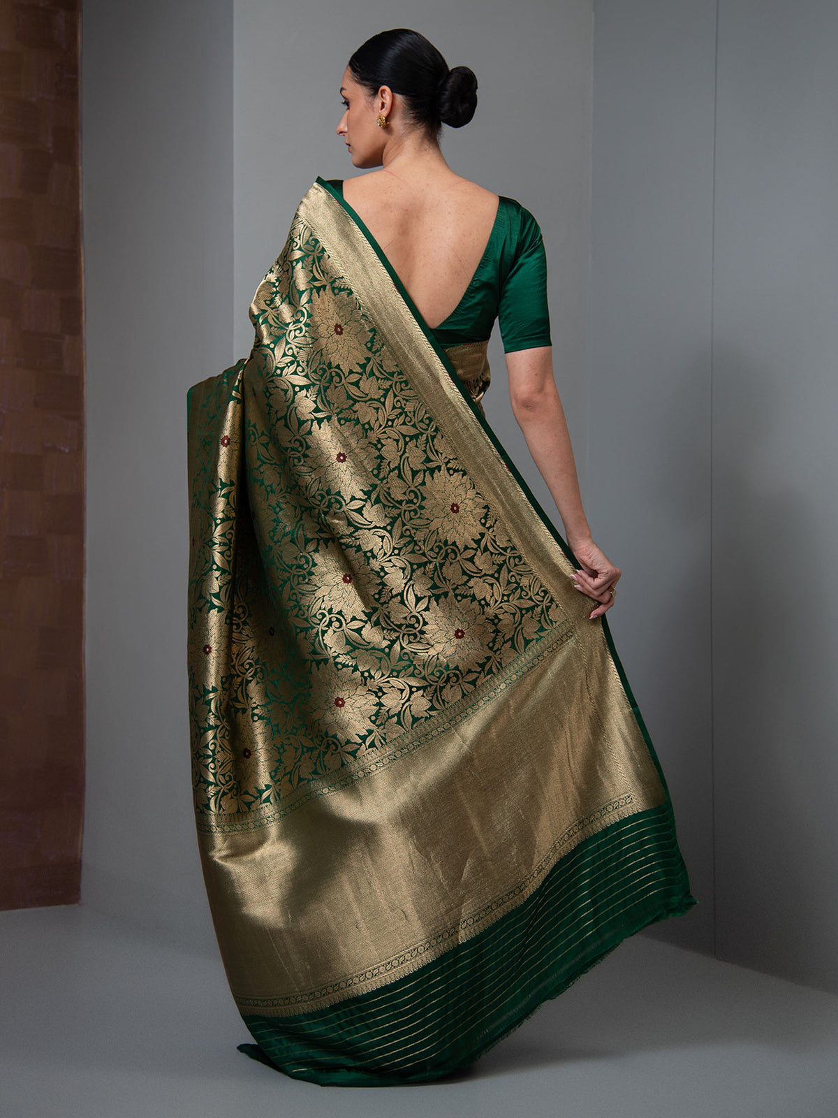 Bottle Green Meenakari Silk Brocade Handloom Banarasi Saree