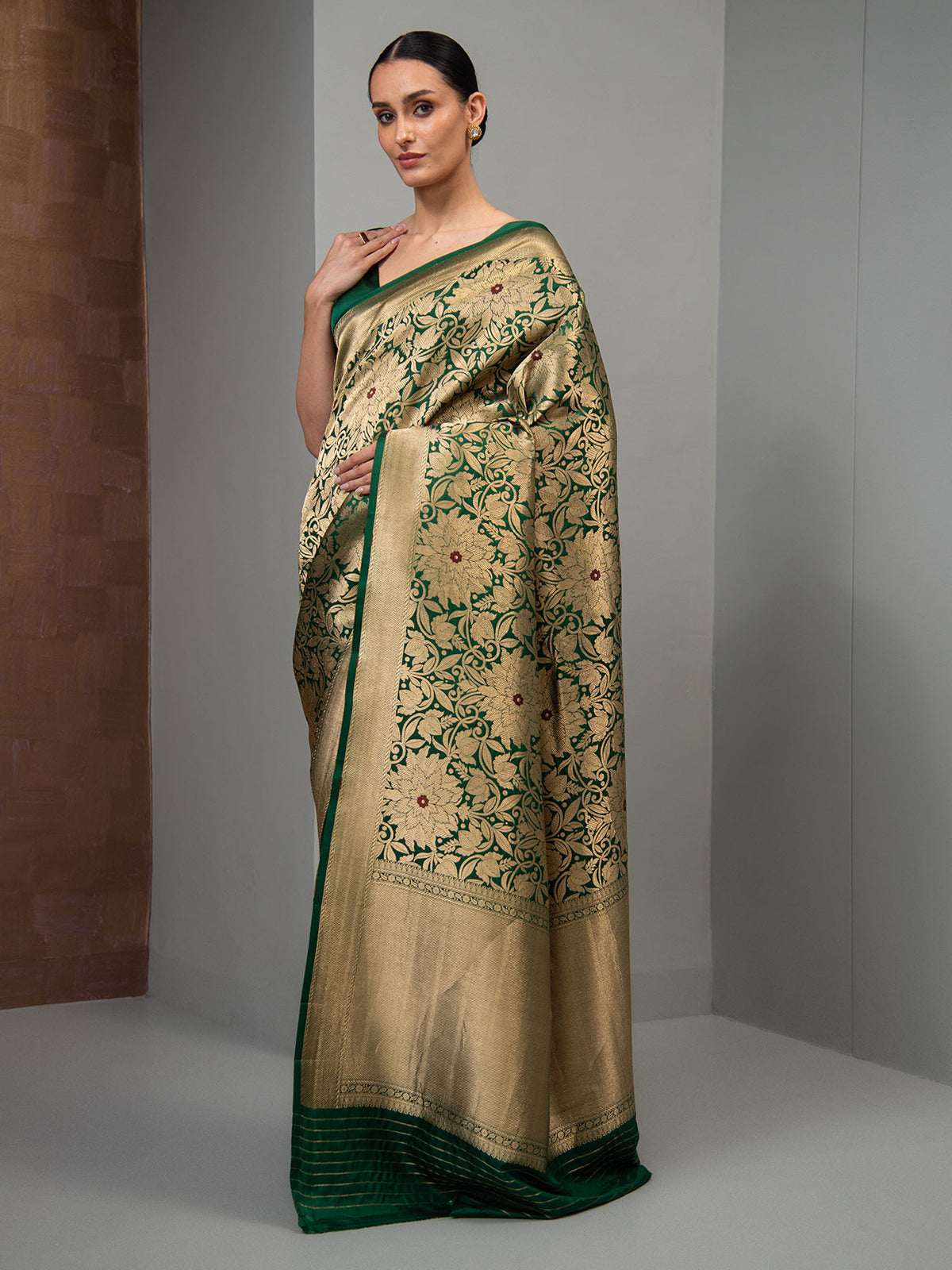 Bottle Green Meenakari Silk Brocade Handloom Banarasi Saree
