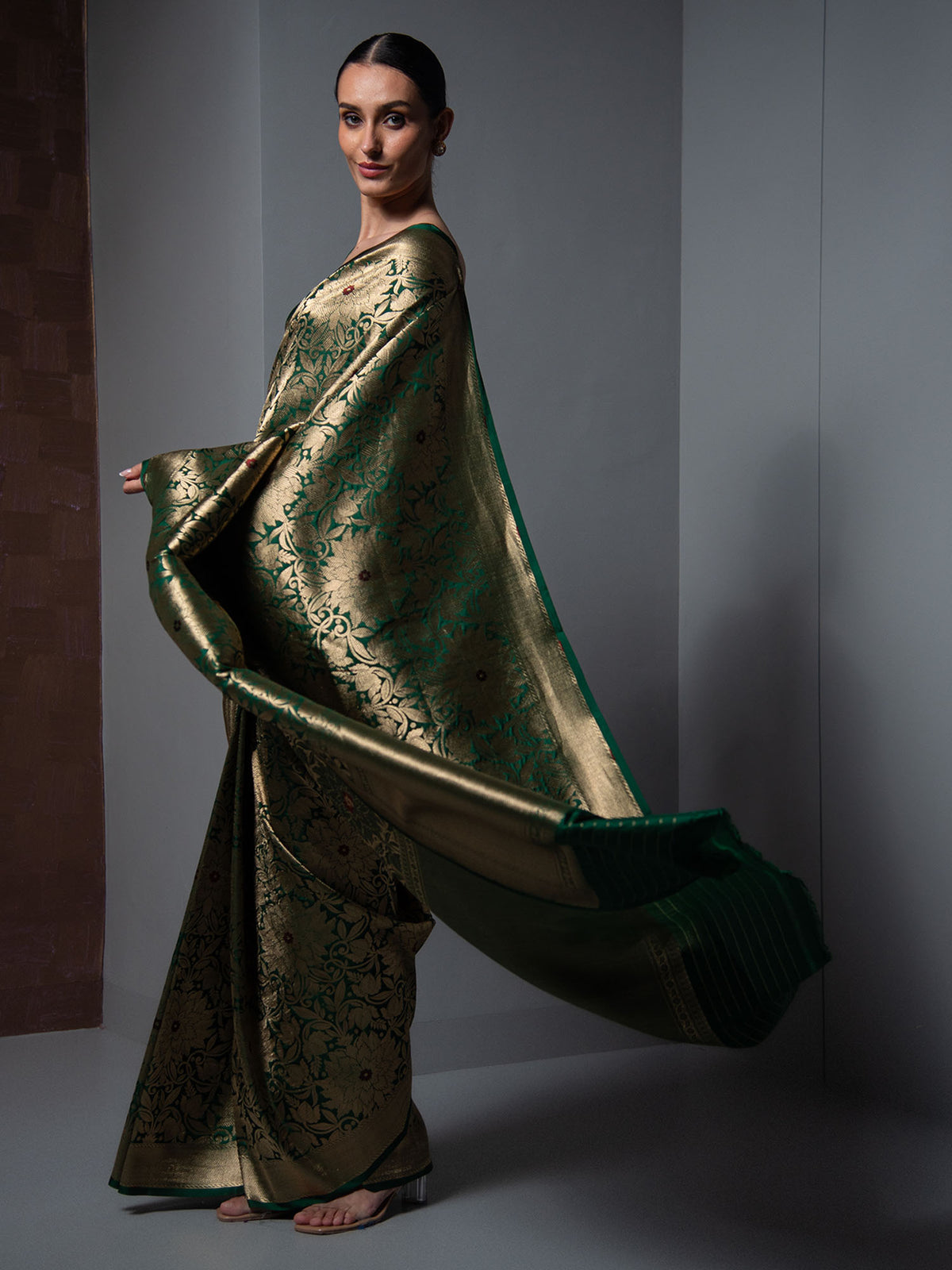 Bottle Green Meenakari Silk Brocade Handloom Banarasi Saree