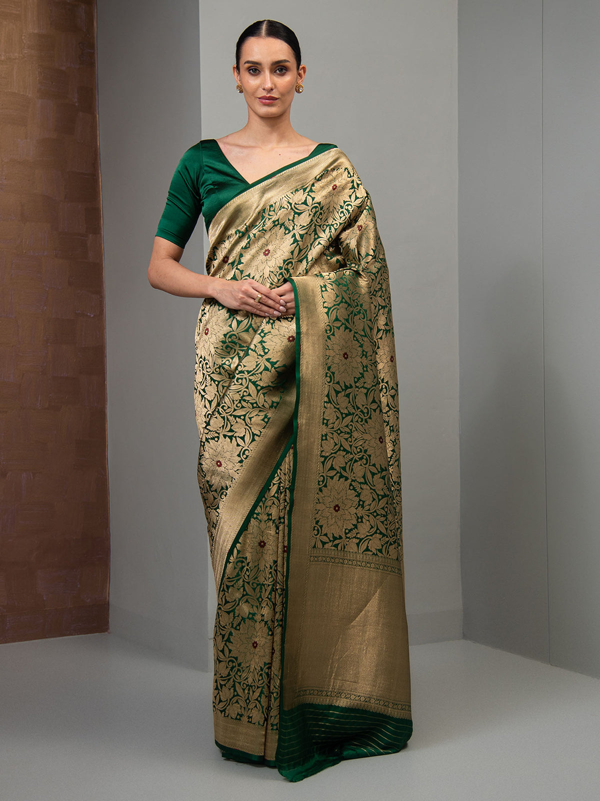 Bottle Green Meenakari Silk Brocade Handloom Banarasi Saree